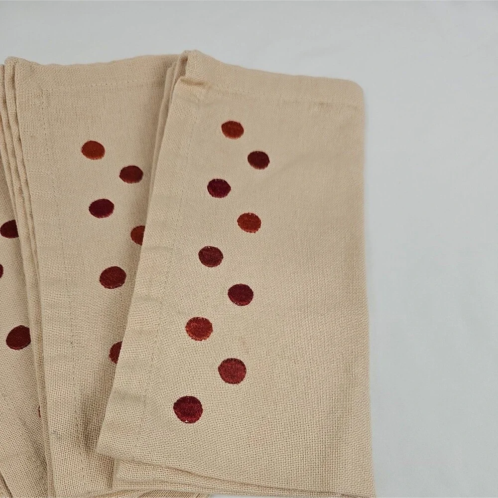 Set of 4 Embroidered Polka Dot Cloth Napkins Tan Red Fall Thanksgiving 17x17
